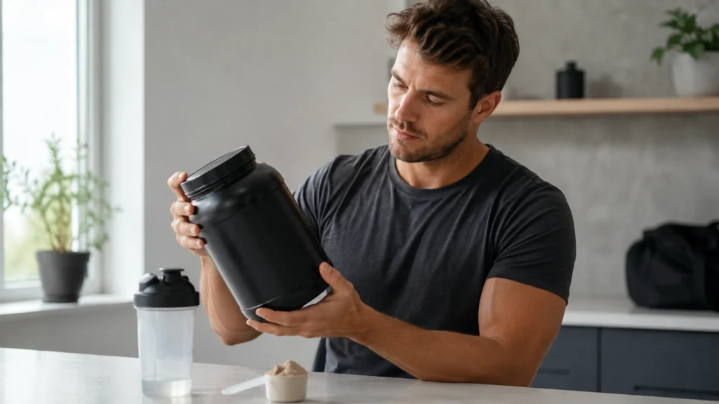 Proteinpulver før køb med shaker og måleske på køkkenbord