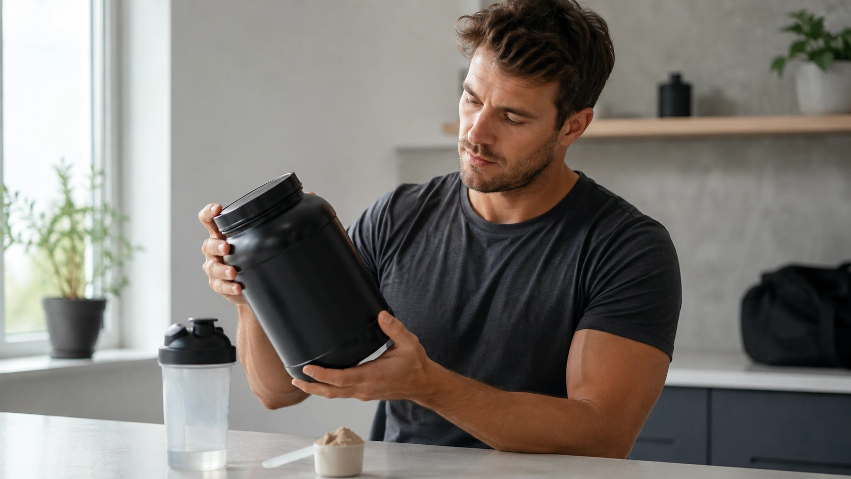Proteinpulver før køb med shaker og måleske på køkkenbord