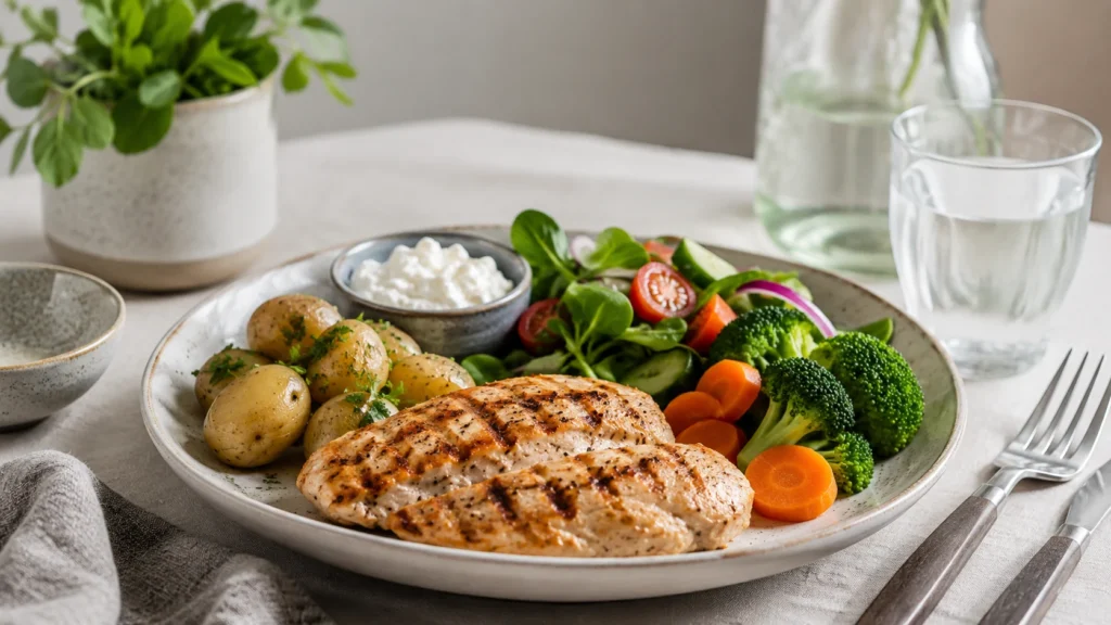 Proteinrig aftensmad med grillet kylling, kartofler, grøntsager og hytteost.