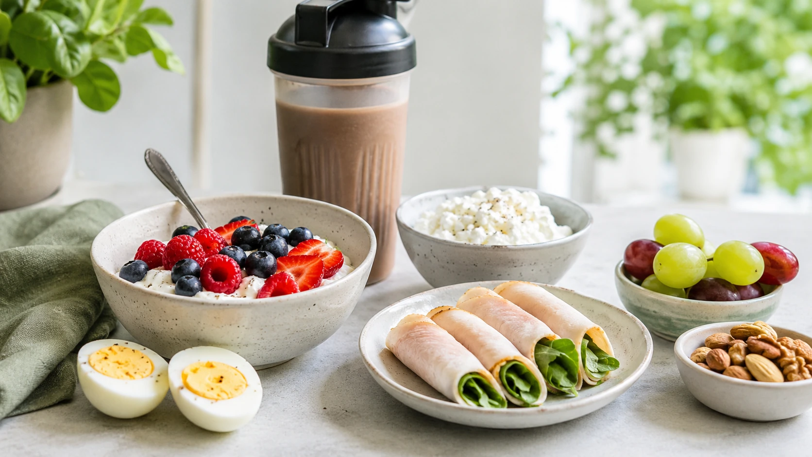 Proteinrige snacks med skyr, bær, proteinshake, hytteost, kogte æg, kalkunruller og nødder.