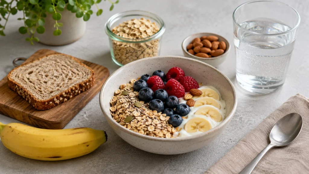Sund frokost med yoghurt, granola, bær, banan, nødder og fuldkornsbrød.