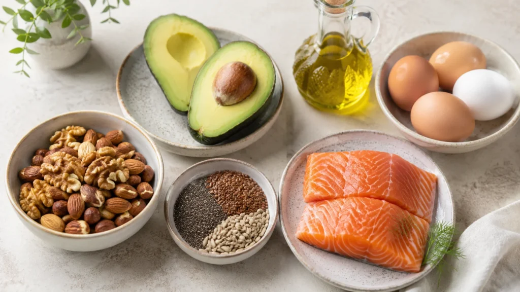 Sunde fedtstoffer med avocado, nødder, frø, laks, olivenolie og æg.