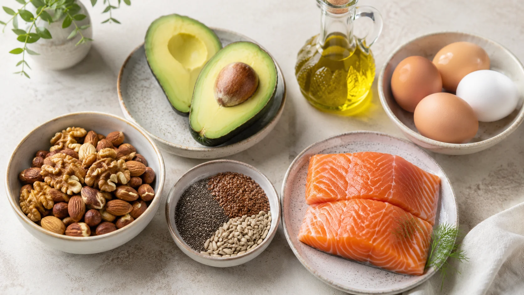 Sunde fedtstoffer med avocado, nødder, frø, laks, olivenolie og æg.
