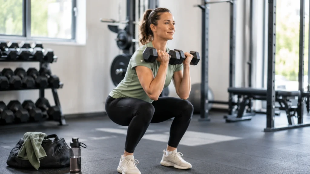 Kvinde laver squat med håndvægte i et fitnesscenter som illustration til træning efter pause.